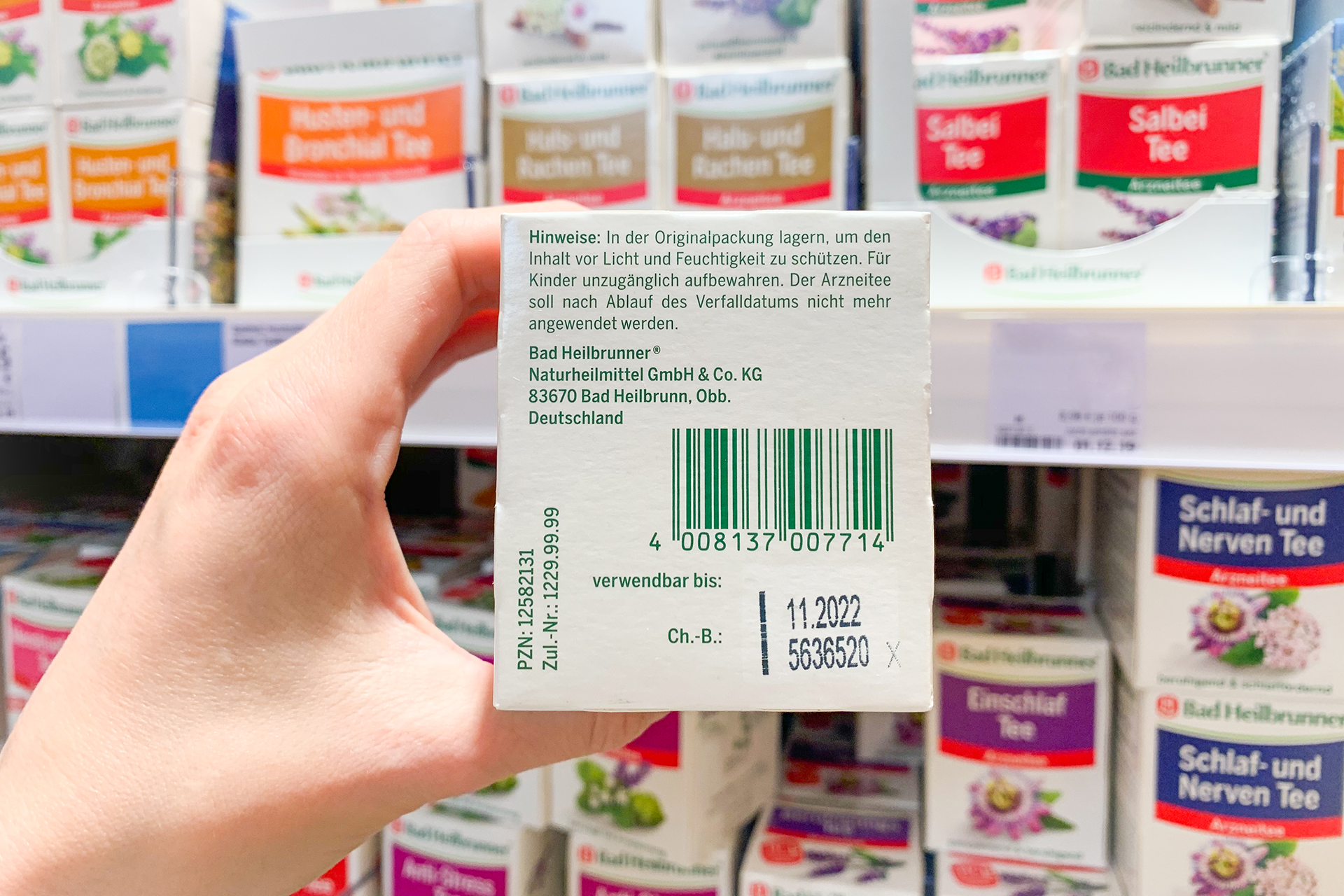 Back of Bad Heilbrunner tea packaging with barcode